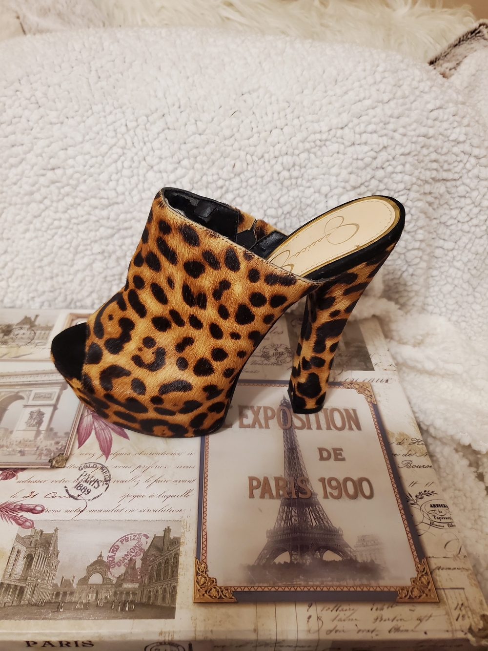 Jessica Simpson Leopard Platform Peep-Toe Mule in Tan and Black